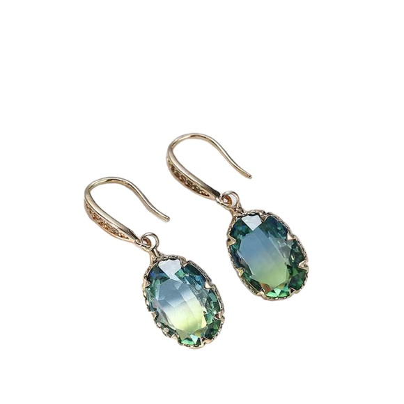 Gold with Green and Blue Ombré Stone Rhinestone Accent Drop Earrings - Picture 6 of 8